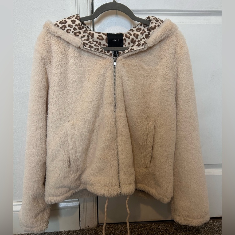 Cream Fuzzy Sherpa Teddy Faux Fur Hooded Jacket with Leopard Lining